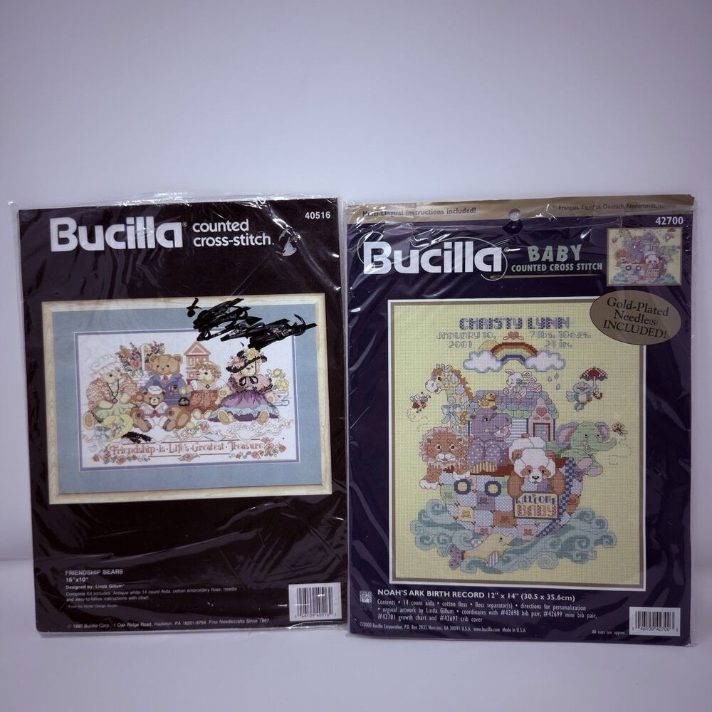Lot 2 VTG Bucilla Counted Cross Stitch Kits Friendship Bears and Noahs Ark